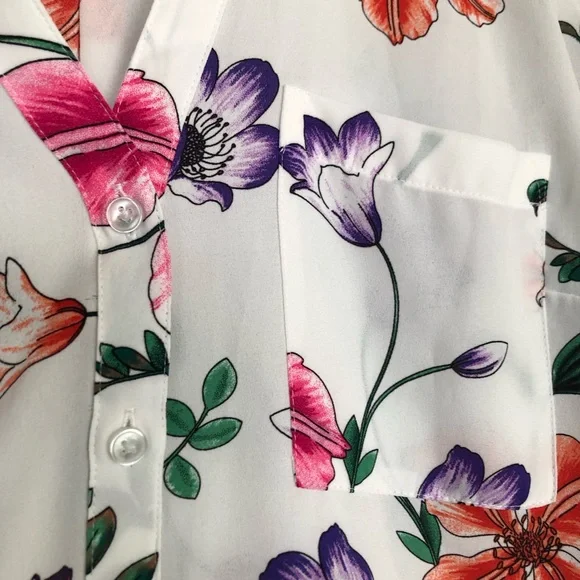 Express ‘Portofino’ Size Small White Floral Button Adjustable Long 3/4” Slv Top - Picture 2 of 4